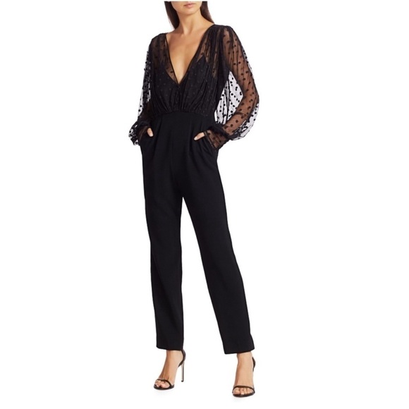 SALONI Pants - NWT Saloni Bernadette jumpsuit black womens size 8 black polka dot chiffon fairy